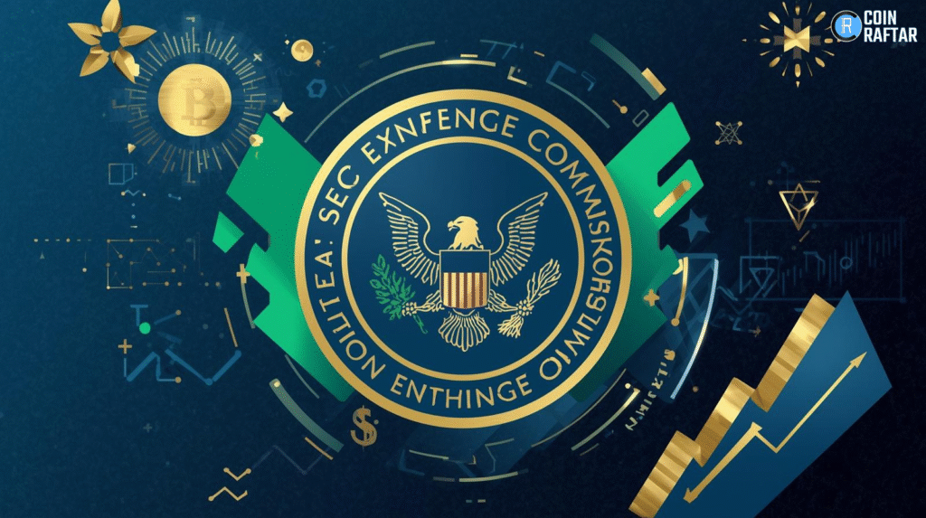 alt="Illustration of the U.S. Securities and Exchange Commission seal with cryptocurrency symbols and market charts">