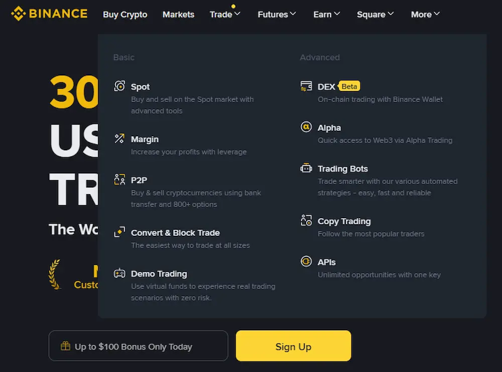 Binance trading section screenshot