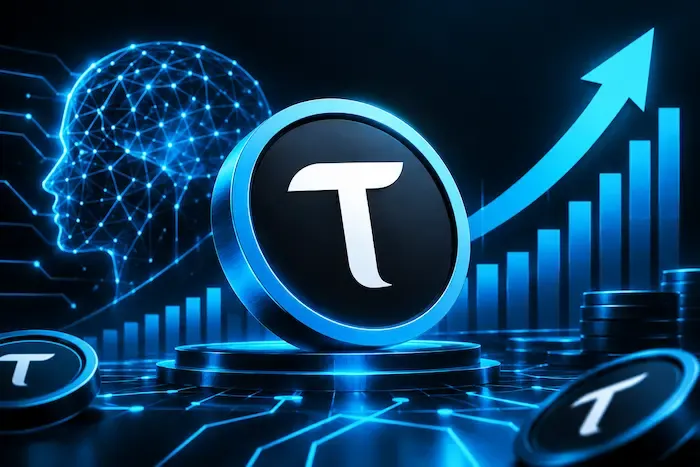 Bittensor TAO coin with a glowing AI neural network and rising market chart in blue and black tones.